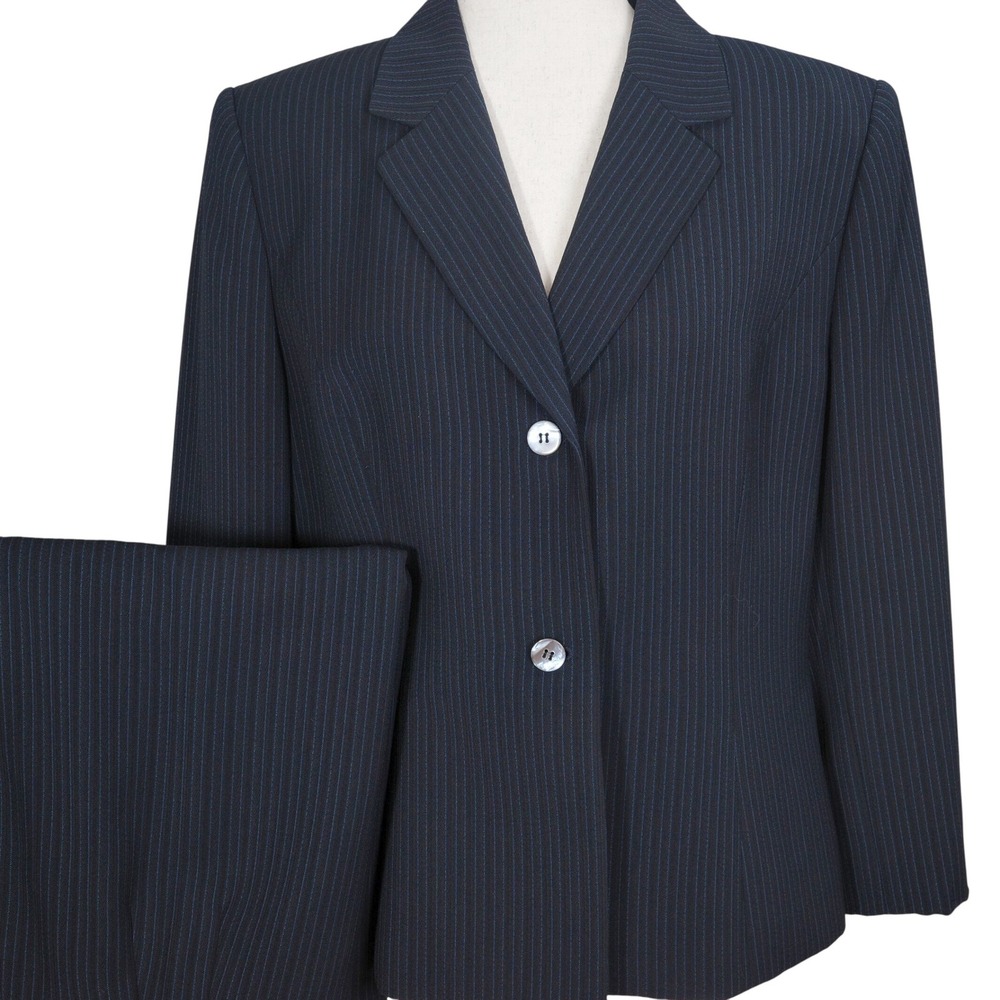 Le Suit Skirt Set Women 14P Black Blue Pinstripe Career